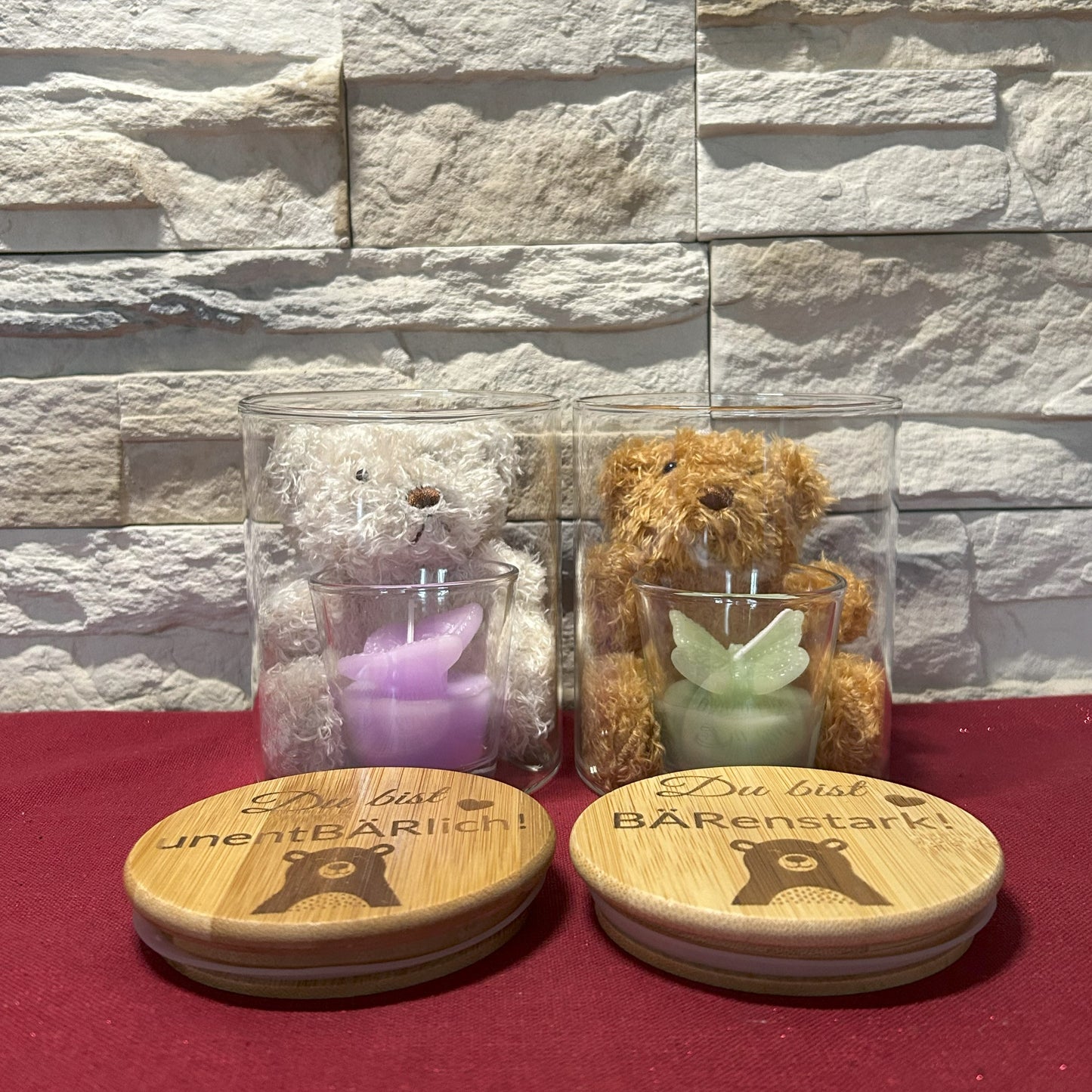 Bärchen-Glas mit Teelicht & Spruch – „unentBÄRlich“ / „BÄRenstark“
