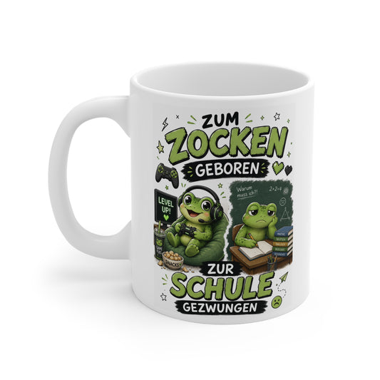 Keramiktasse mit Gaming Frosch, Controller, Level Up Bildschirm und lustigem Schüler Motiv