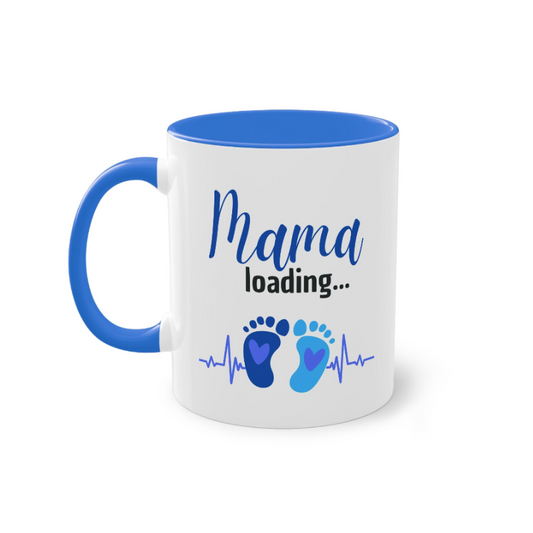 Keramiktasse Mama loading blau mit blauem Henkel und Innenrand – Schwangerschaft Geschenk für Mama