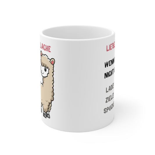 Rundum bedruckte Keramiktasse mit Alpaka Motiv und lustigem Spruch in seitlicher Ansicht