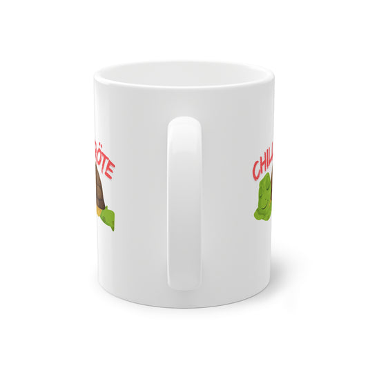 Seitenansicht der lustigen Chillkröte Tasse mit Schildkröten Motiv