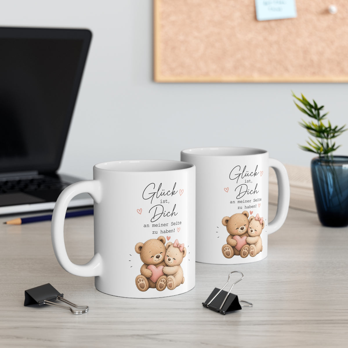 Romantische Tasse mit Teddy Paar und Spruch Glück ist Dich an meiner Seite zu haben