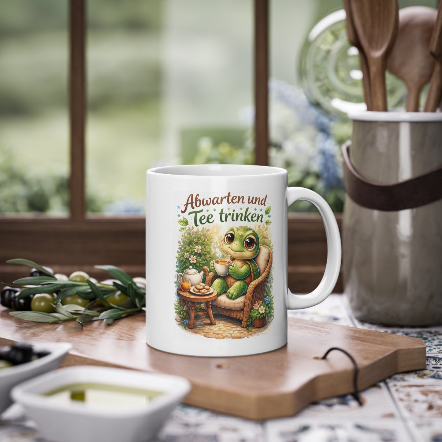 Schildkröten Teetasse in gemütlicher Küchen Szene