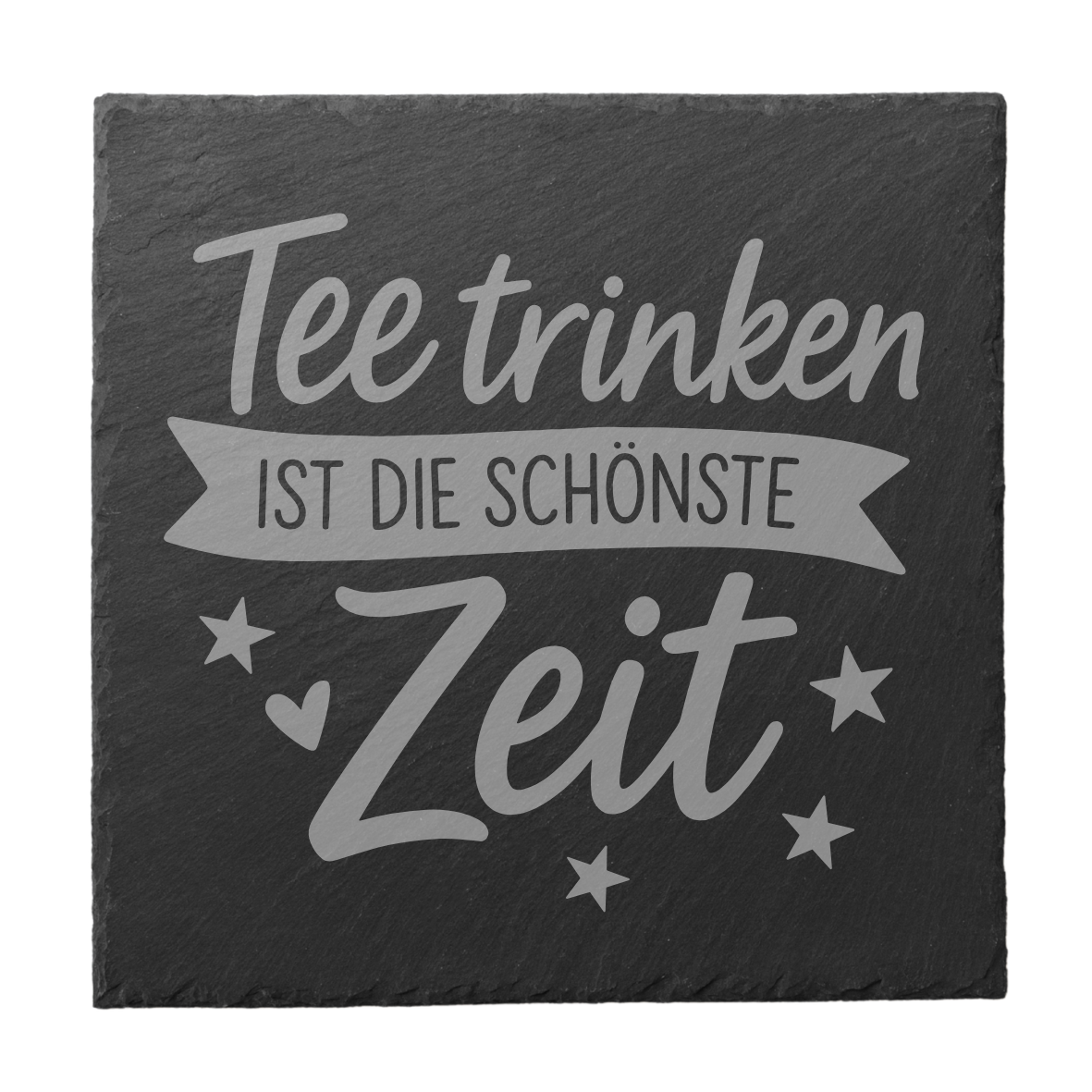 Schiefer Untersetzer eckig mit Spruch Mit Tee ist alles besser, Runder Tee Untersetzer mit Blattmotiv, Gravierter Schiefer Untersetzer für Teeliebhaber, Geschenkidee mit Tee Spruch auf Schiefer, Naturschiefer Untersetzer mit dekorativer Gravur