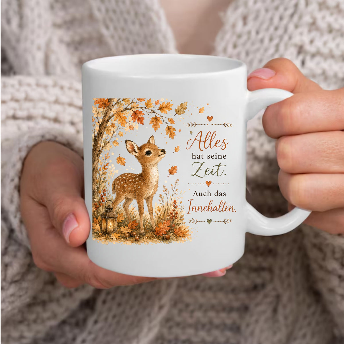 „Alles hat seine Zeit. Auch das Innehalten.“ - Herbst-Tasse mit Rehkitz
