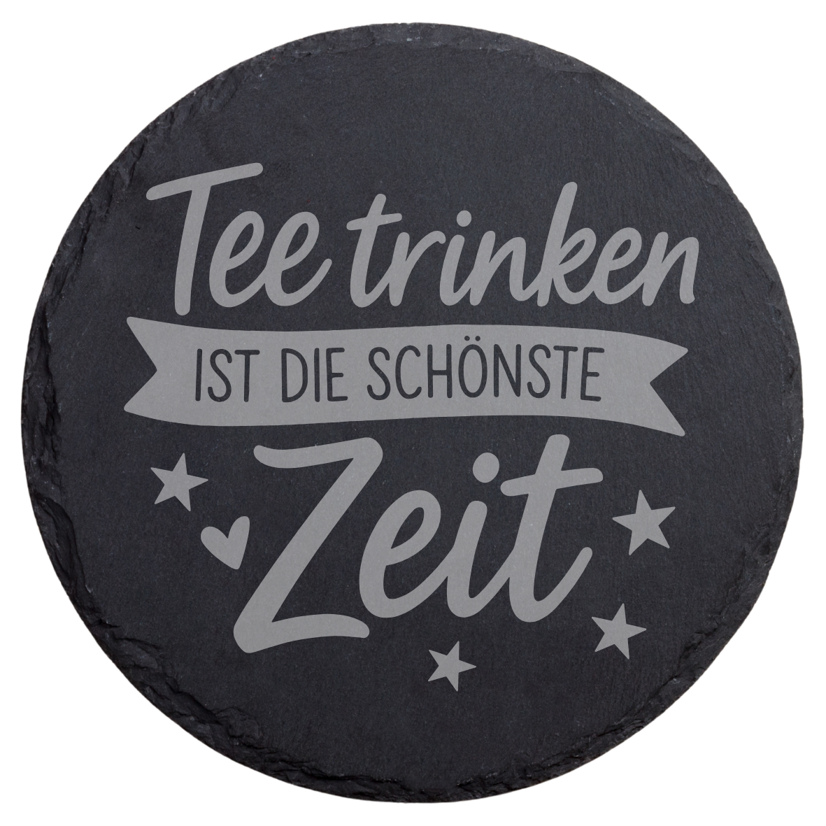 Schiefer Untersetzer eckig mit Spruch Mit Tee ist alles besser, Runder Tee Untersetzer mit Blattmotiv, Gravierter Schiefer Untersetzer für Teeliebhaber, Geschenkidee mit Tee Spruch auf Schiefer, Naturschiefer Untersetzer mit dekorativer Gravur