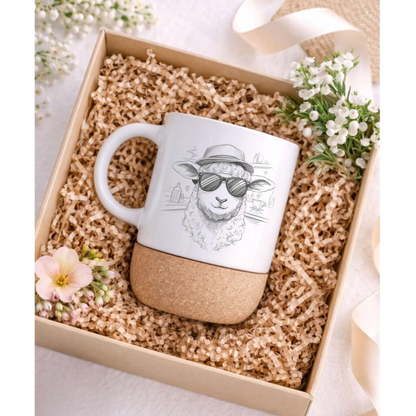 Lustige Schaf Tasse mit Sonnenbrille – Alpaka Stil Kaffeebecher | Tierliebhaber Geschenk | Korkboden Tasse