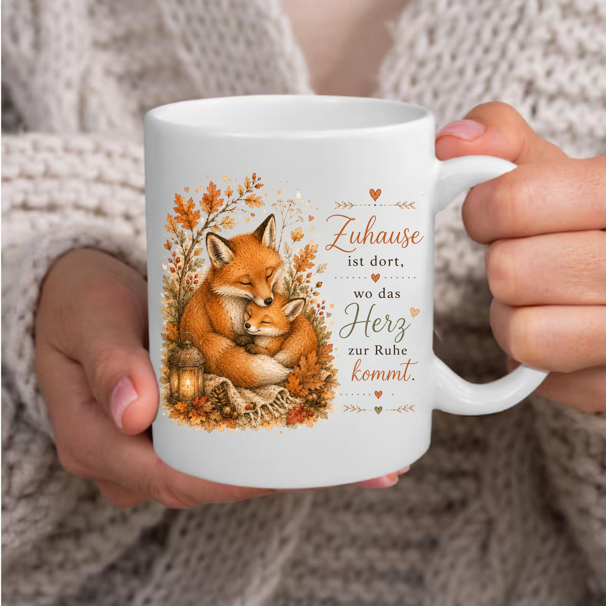 „Zuhause ist dort, wo das Herz zur Ruhe kommt.“ - Herbst-Tasse mit Fuchs-Motiv