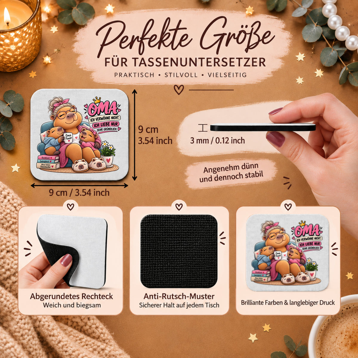 Capybara-Tassenuntersetzer für Oma mit Spruch, 9 × 9 cm