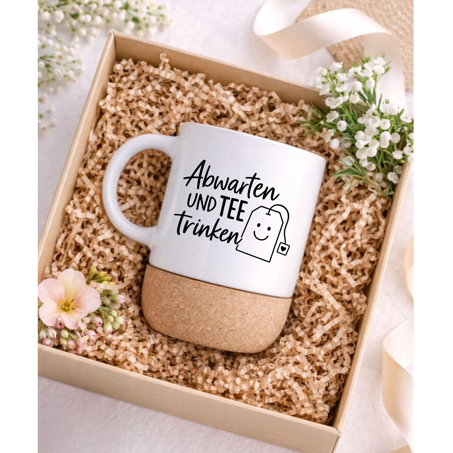 Abwarten und Tee trinken Tasse mit Korkboden – Lustige Teetasse Geschenk für Teeliebhaber Tee Fan