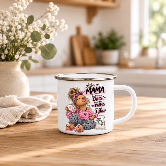 „Ein bisschen Chaos, eine Tasse Kaffee, ganz viel Liebe“ - Emaille Tasse (Mama)