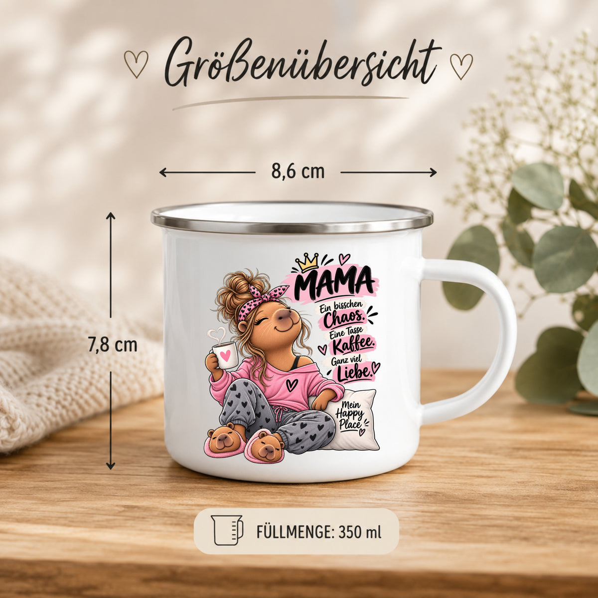 „Ein bisschen Chaos, eine Tasse Kaffee, ganz viel Liebe“ - Emaille Tasse (Mama)