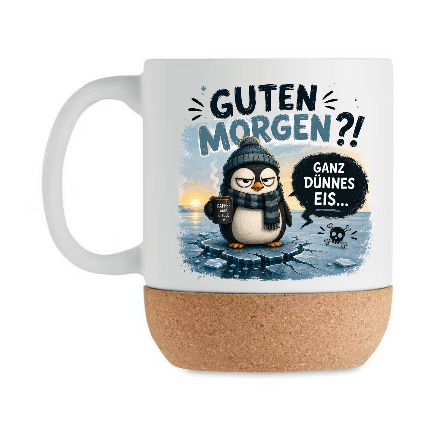 Guten Morgen?! Ganz dünnes Eis Tasse mit Korkboden – Lustige Pinguin Tasse Kaffee Spruch Büro Geschenk
