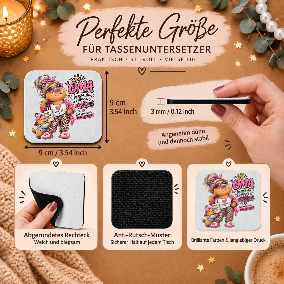 Oma-Capybara-Tassenuntersetzer „Oma – immer da, wenn’s wichtig ist. Und wenn nicht, dann erst recht!“mit Spruch, 9 × 9 cm