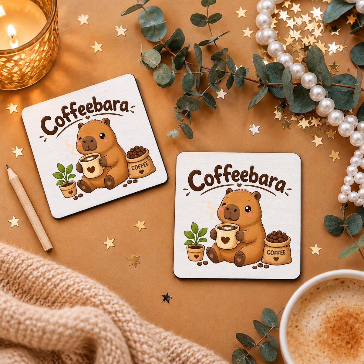 Coffeebara-Capybara-Tassenuntersetzer mit Kaffeetasse, 9 × 9 cm