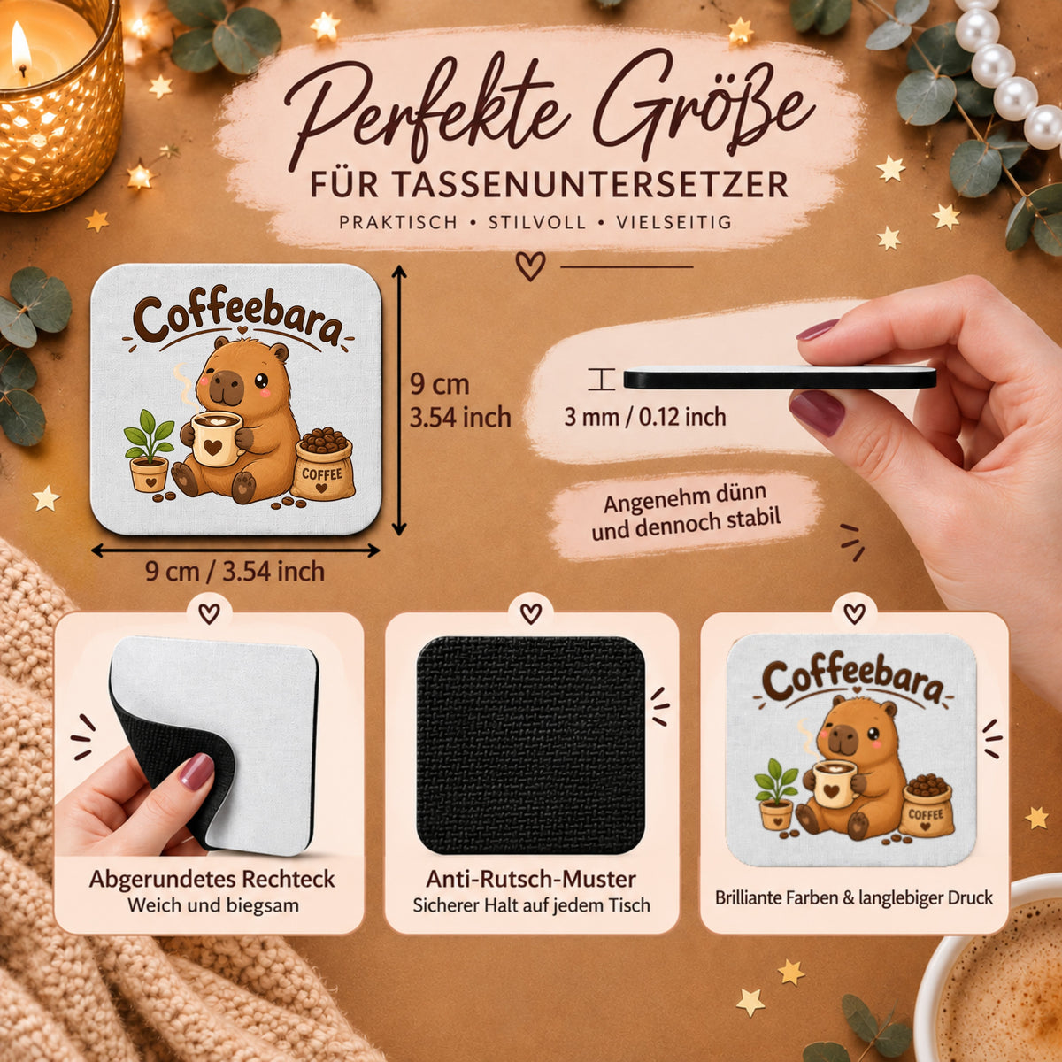 Coffeebara-Capybara-Tassenuntersetzer mit Kaffeetasse, 9 × 9 cm
