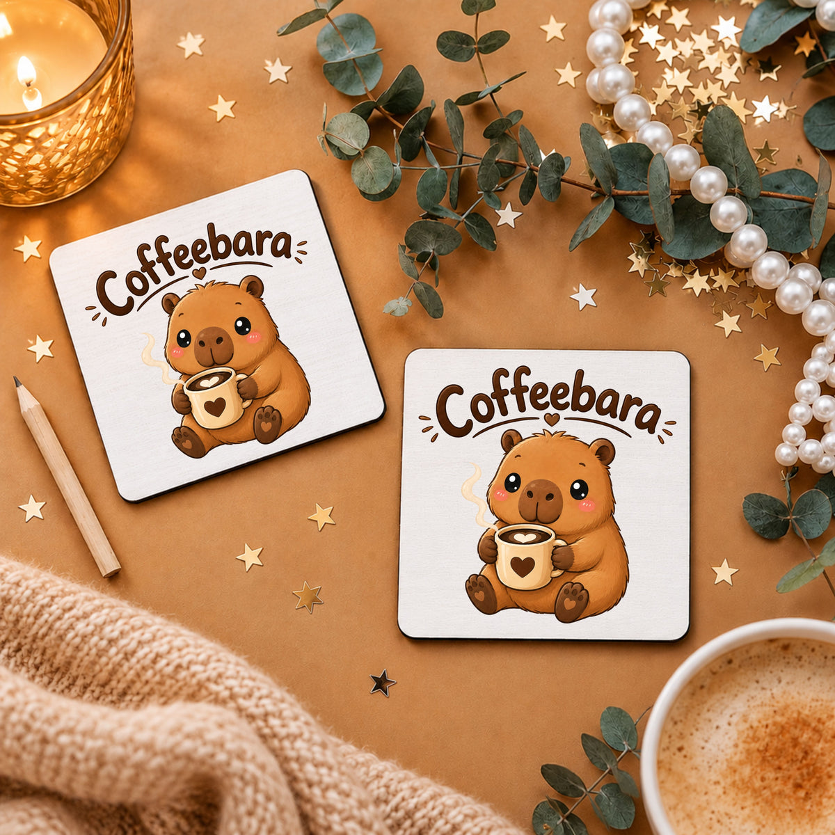 Coffeebara-Capybara-Tassenuntersetzer mit Herz-Tasse, 9 × 9 cm
