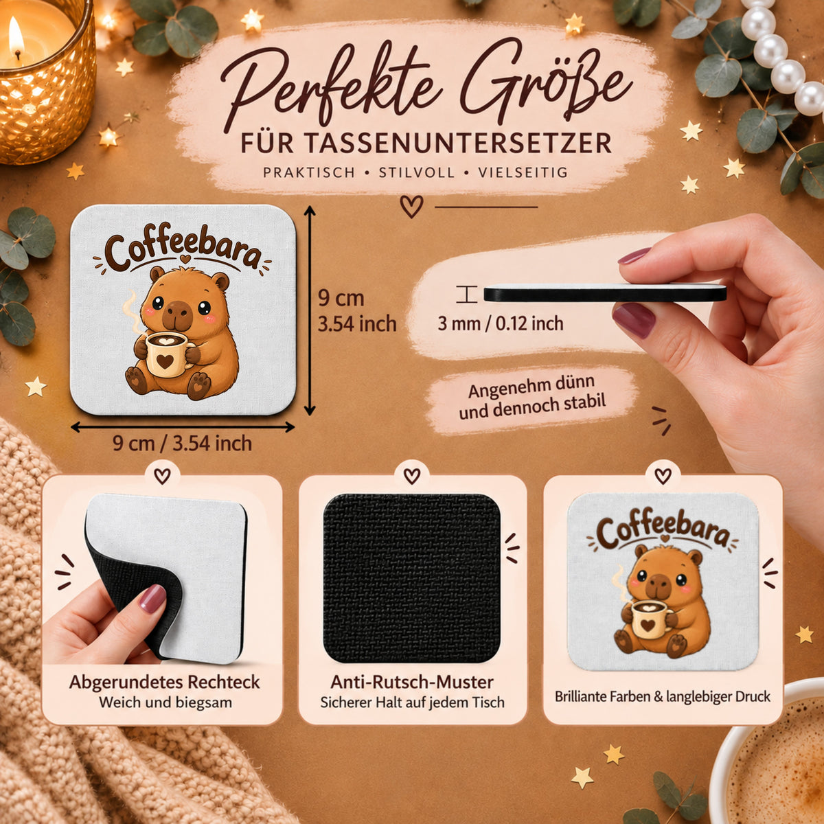 Coffeebara-Capybara-Tassenuntersetzer mit Herz-Tasse, 9 × 9 cm