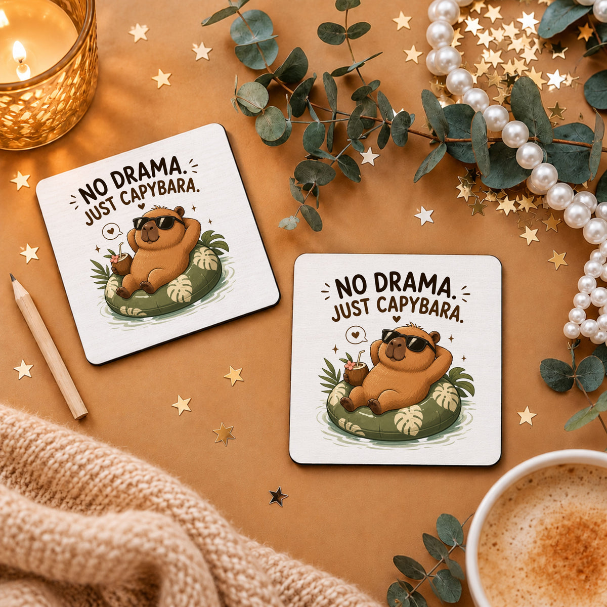 „No Drama. Just Capybara.“ - Capybara-Tassenuntersetzer, 9 × 9 cm