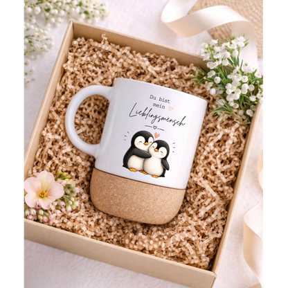 Lieblingsmensch Tasse mit Pinguinen – Süße Geschenkidee für Partner Freundin Freund Becher mit Korkboden Liebe