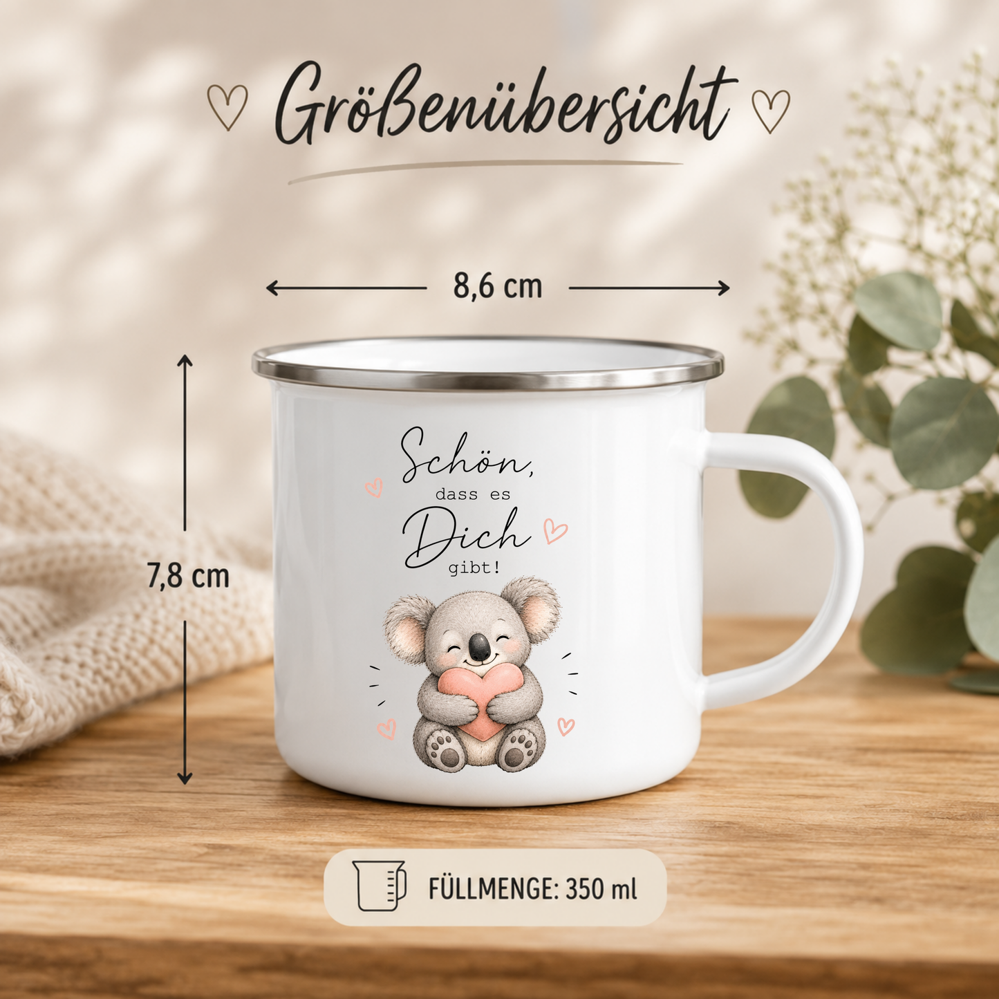 Schön, dass es Dich gibt - Emaille Tasse Koala | Liebevolles Geschenk für Lieblingsmensch | Camping Becher 350 ml