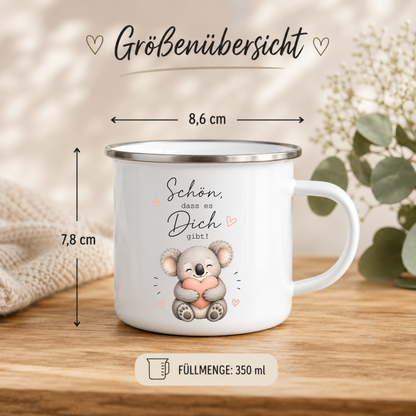 Schön, dass es Dich gibt - Emaille Tasse Koala | Liebevolles Geschenk für Lieblingsmensch | Camping Becher 350 ml