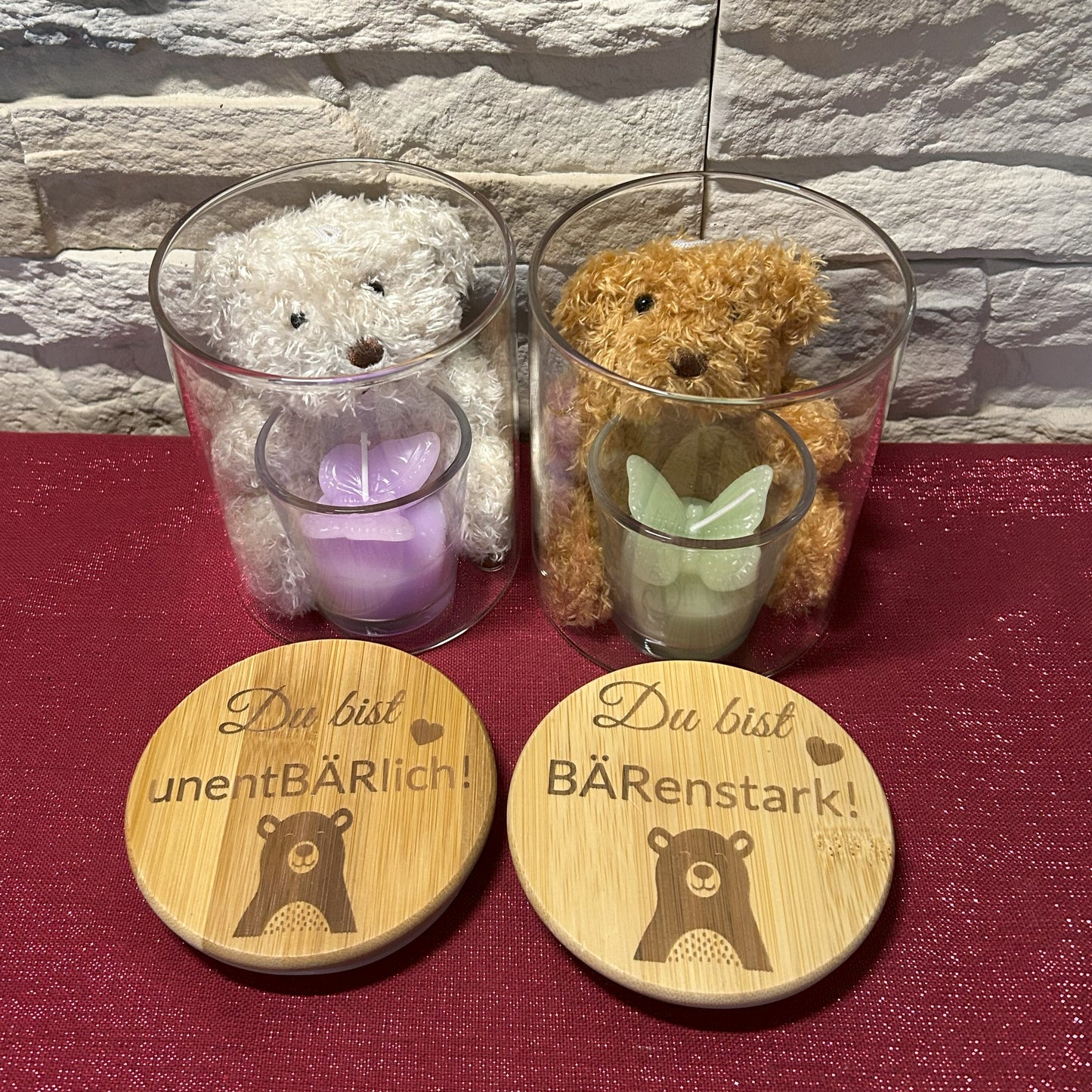 Bärchen-Glas mit Teelicht & Spruch – „unentBÄRlich“ / „BÄRenstark“