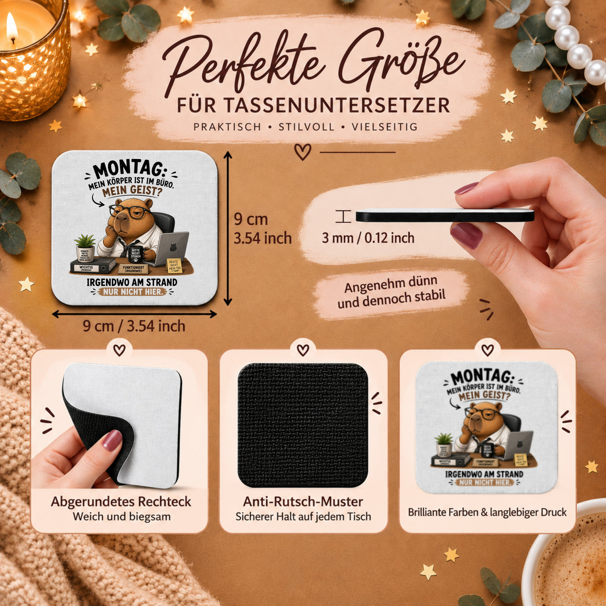 „Montag: Mein Körper ist im Büro. Mein Geist? Irgendwo am Strand – nur nicht hier.“ - Montag-Capybara-Tassenuntersetzer, 9 × 9 cm