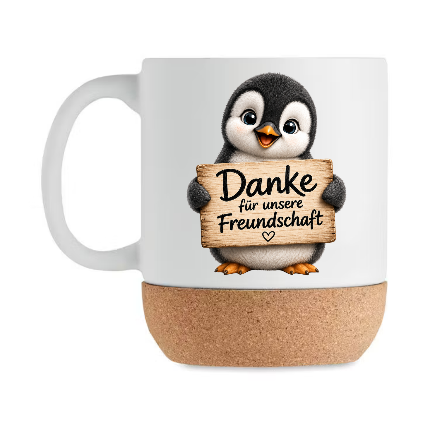 Süße Pinguin Korktasse „Danke für unsere Freundschaft“ – Geschenk für beste Freundin, Freund, Kollegin, Keramiktasse mit Korkboden