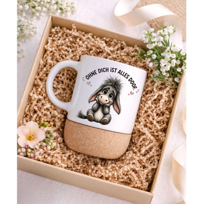 Süße Esel Korktasse „Ohne dich ist alles doof“ – Geschenk für Lieblingsmensch, Freundin, Mama, Partner, Liebe, Kaffeebecher