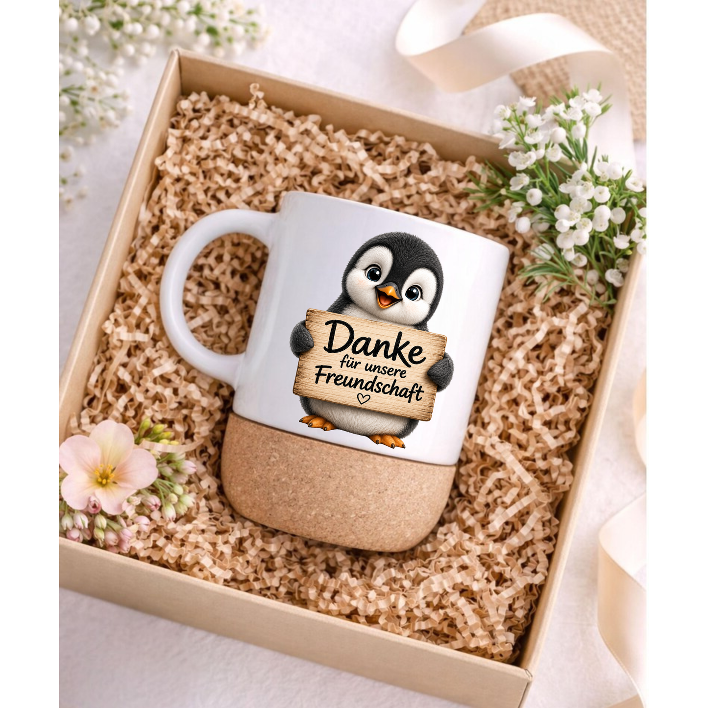 Süße Pinguin Korktasse „Danke für unsere Freundschaft“ – Geschenk für beste Freundin, Freund, Kollegin, Keramiktasse mit Korkboden