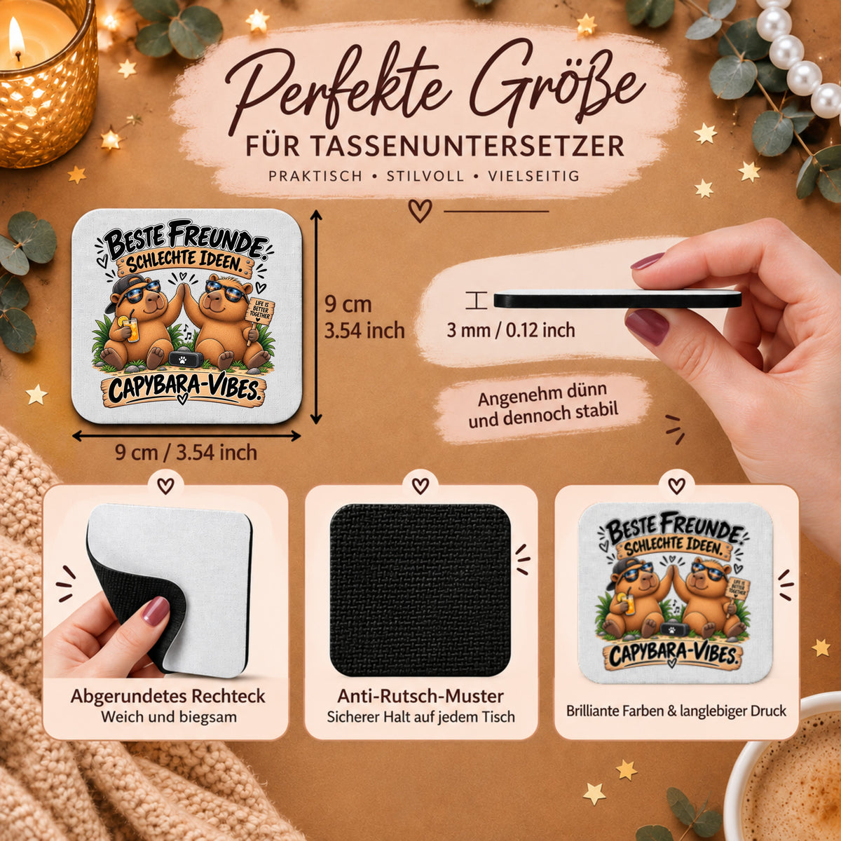 „Beste Freunde: schlechte Ideen. Capybara-Vibes.“ - Beste-Freunde-Capybara-Tassenuntersetzer, 9 × 9 cm