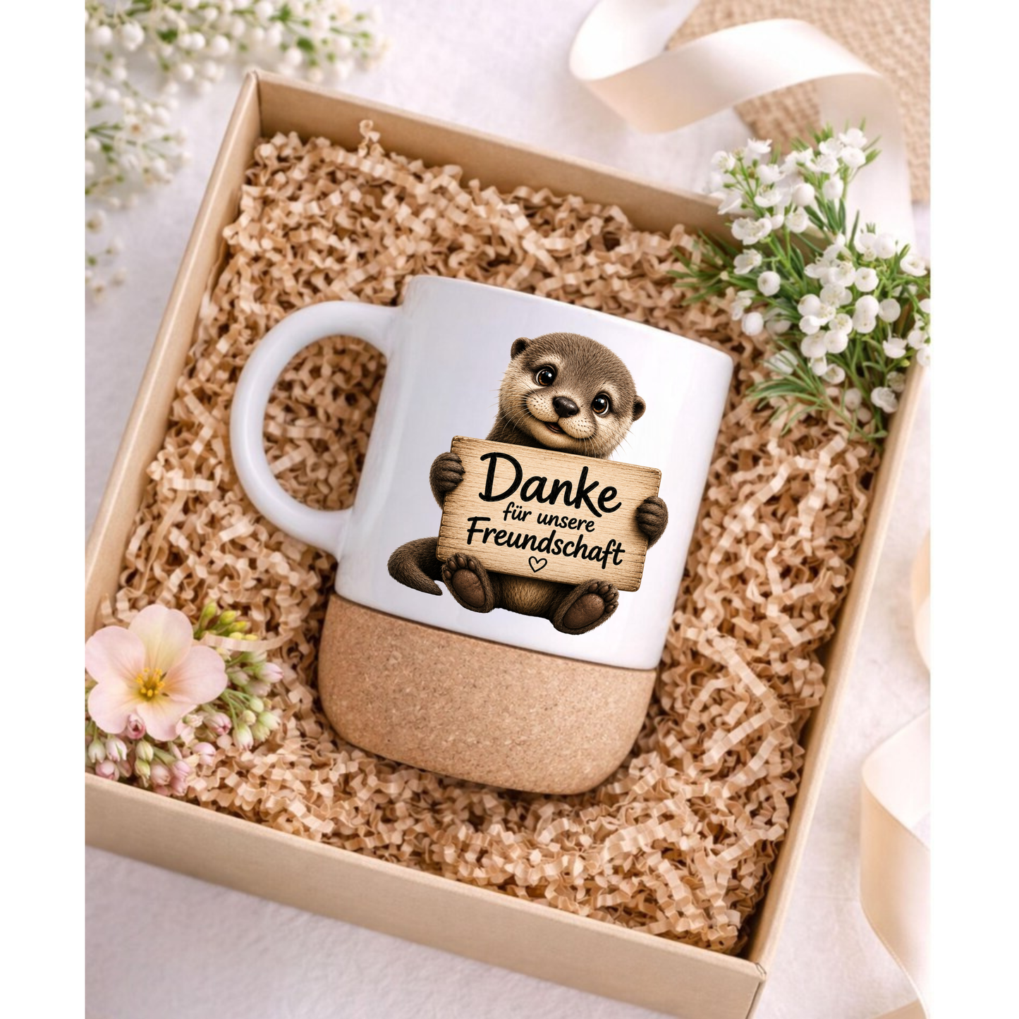 Süße Otter Korktasse „Danke für unsere Freundschaft“ – Geschenk für beste Freundin, Freund, Kollegin, Keramiktasse mit Korkboden