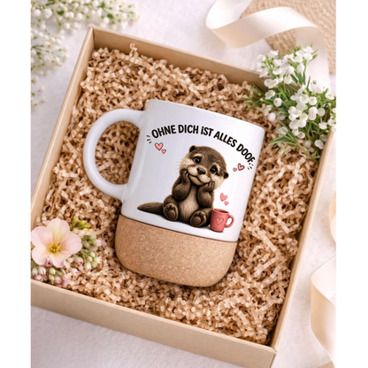 Süße Otter Korktasse „Ohne dich ist alles doof“ – Geschenk für Lieblingsmensch, Freundin, Partner, Mama, Liebe, Keramiktasse