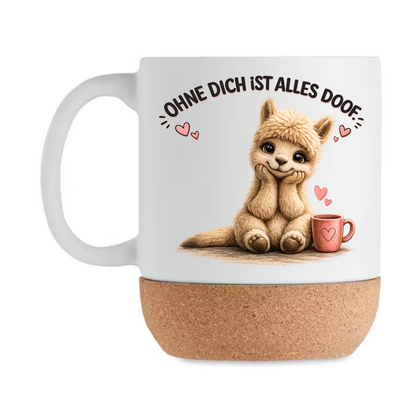 Süße Alpaka Korktasse „Ohne dich ist alles doof“ – Geschenk für Lieblingsmensch, Freundin, Partner, Mama, Keramiktasse mit Korkboden