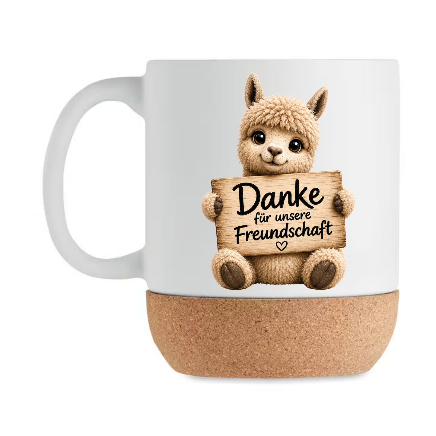 Süße Alpaka Korktasse „Danke für unsere Freundschaft“ – Geschenk für beste Freundin, Kollegin, Freund, Keramiktasse mit Korkboden