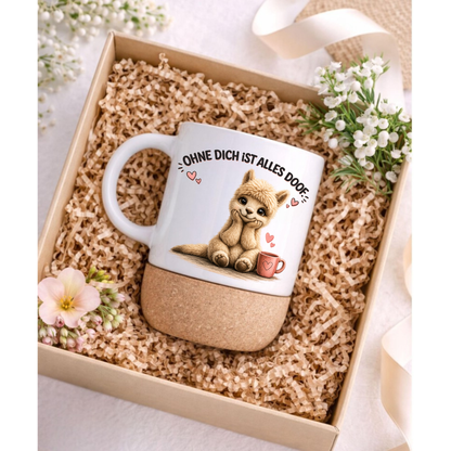 Süße Alpaka Korktasse „Ohne dich ist alles doof“ – Geschenk für Lieblingsmensch, Freundin, Partner, Mama, Keramiktasse mit Korkboden