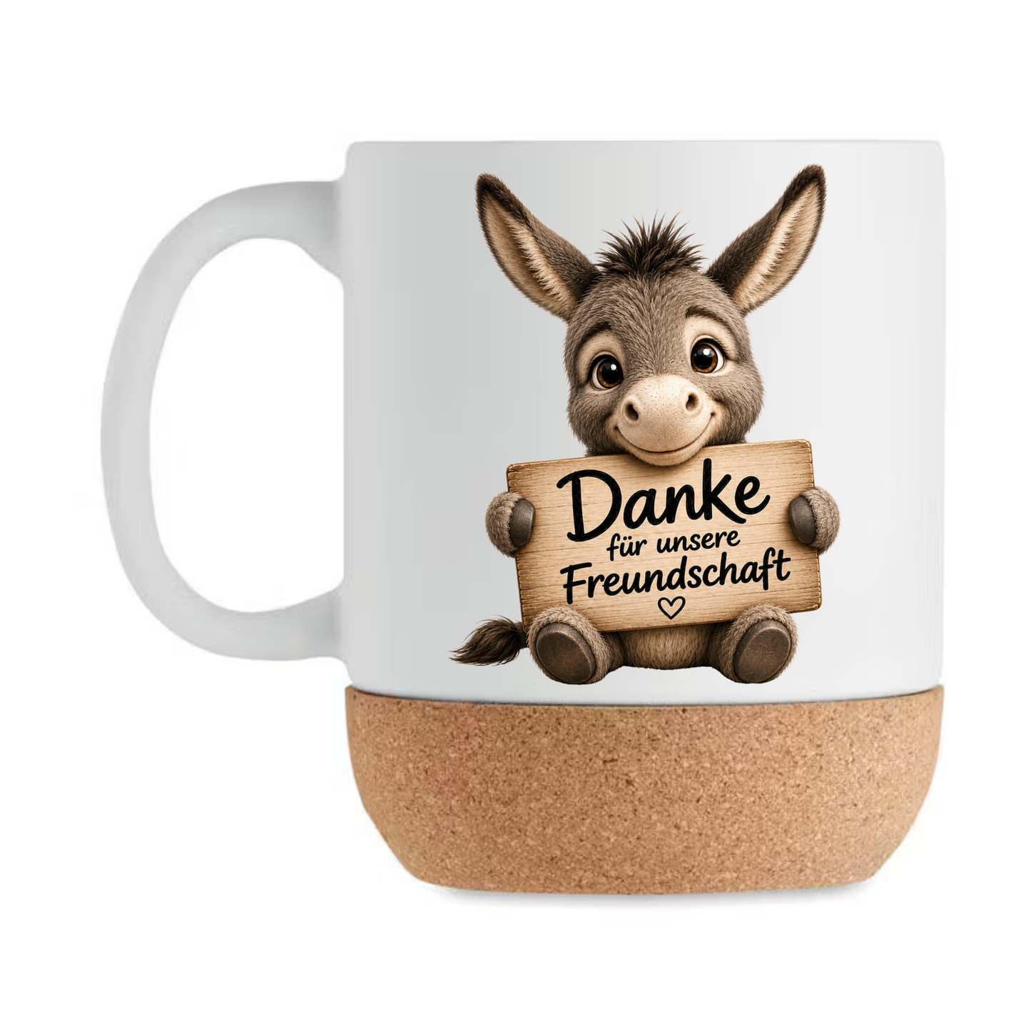 Niedliche Esel Korktasse „Danke für unsere Freundschaft“ – Geschenk für beste Freundin, Freund, Kollegin, Keramiktasse mit Korkboden