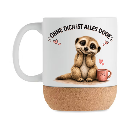 Süße Erdmännchen Korktasse „Ohne dich ist alles doof“ – Geschenk für Lieblingsmensch, Freundin, Partner, Mama, Keramiktasse mit Korkboden