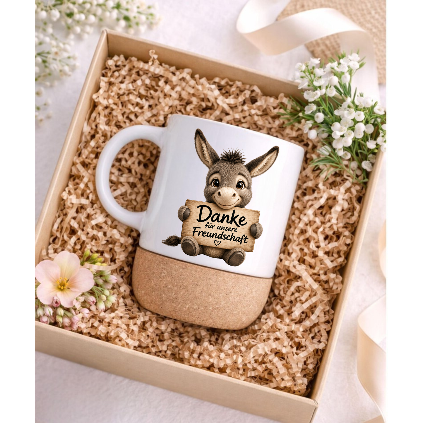Niedliche Esel Korktasse „Danke für unsere Freundschaft“ – Geschenk für beste Freundin, Freund, Kollegin, Keramiktasse mit Korkboden