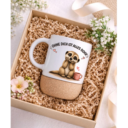Süße Erdmännchen Korktasse „Ohne dich ist alles doof“ – Geschenk für Lieblingsmensch, Freundin, Partner, Mama, Keramiktasse mit Korkboden