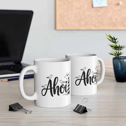 Ahoi Tasse – Maritime Keramiktasse mit Leuchtturm & Möwen | Nordsee Geschenk | Ostsee Becher | Küstenliebe | Meer Tasse