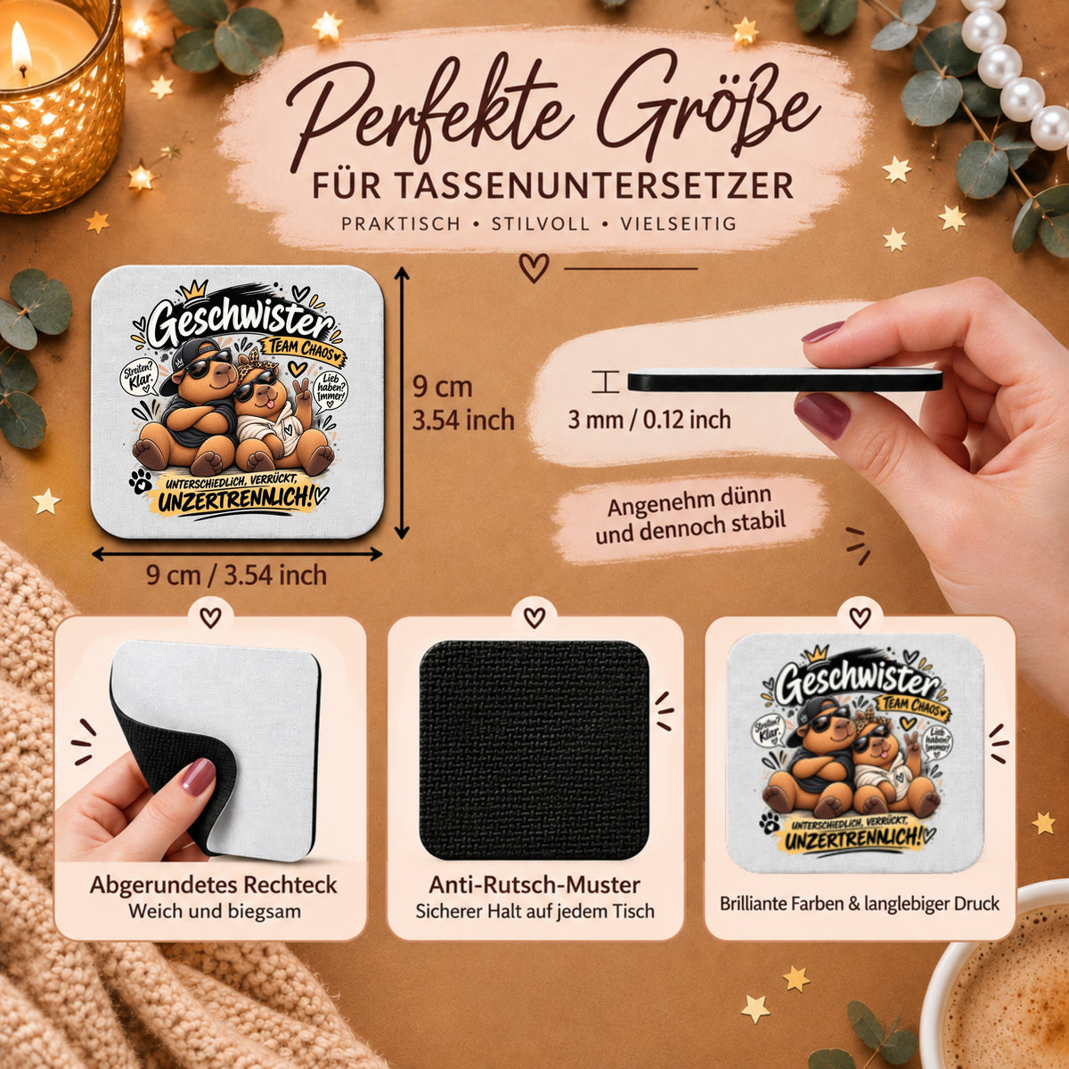 „Unterschiedlich, verrückt, unzertrennlich!“ - Geschwister-Capybara-Tassenuntersetzer