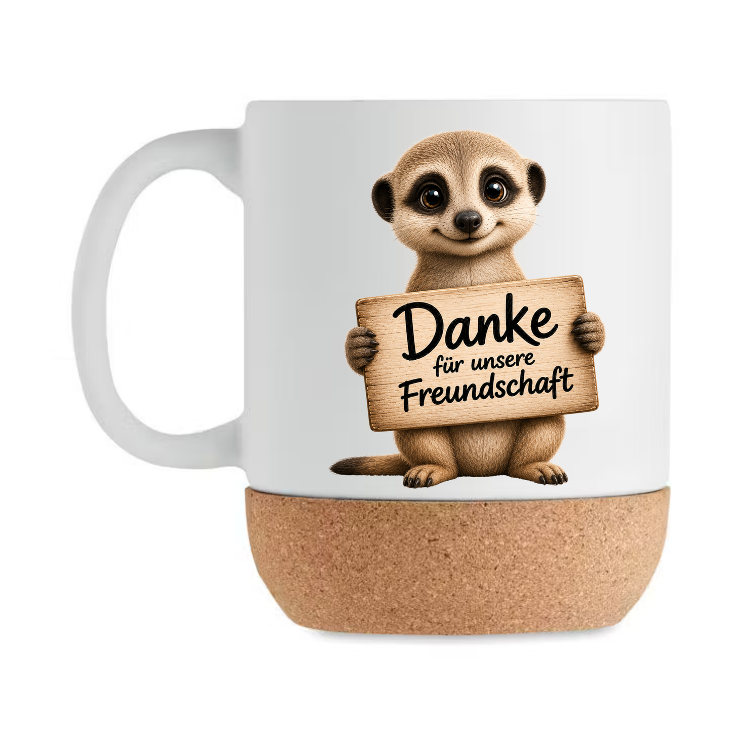 Niedliche Erdmännchen Korktasse „Danke für unsere Freundschaft“ – Geschenk für beste Freundin, Freund, Kollegin, Keramiktasse mit Korkboden