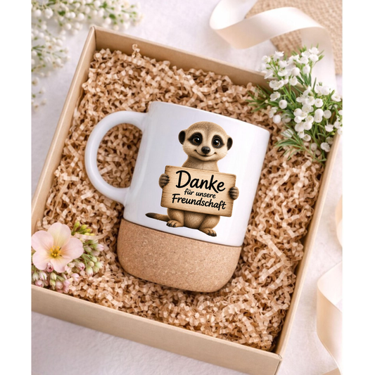 Niedliche Erdmännchen Korktasse „Danke für unsere Freundschaft“ – Geschenk für beste Freundin, Freund, Kollegin, Keramiktasse mit Korkboden
