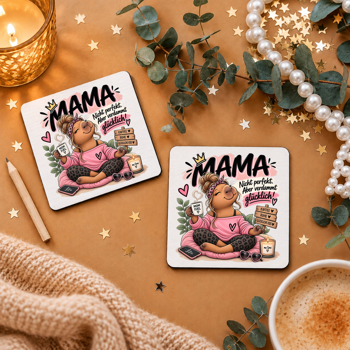 „Nicht perfekt. Aber verdammt glücklich!“ - Mama-Capybara-Tassenuntersetzer