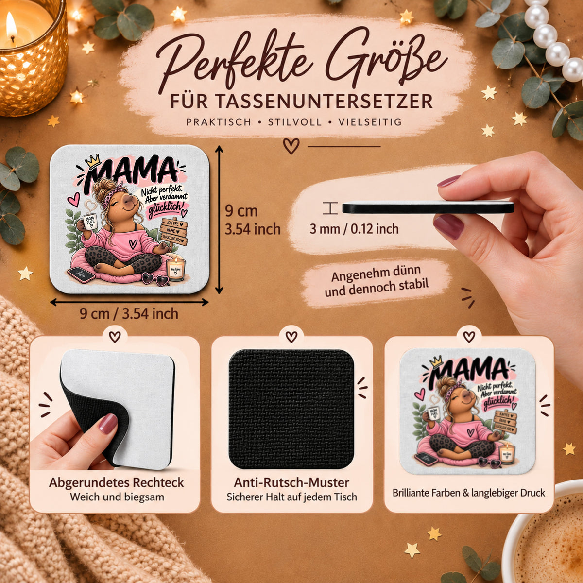 „Nicht perfekt. Aber verdammt glücklich!“ - Mama-Capybara-Tassenuntersetzer