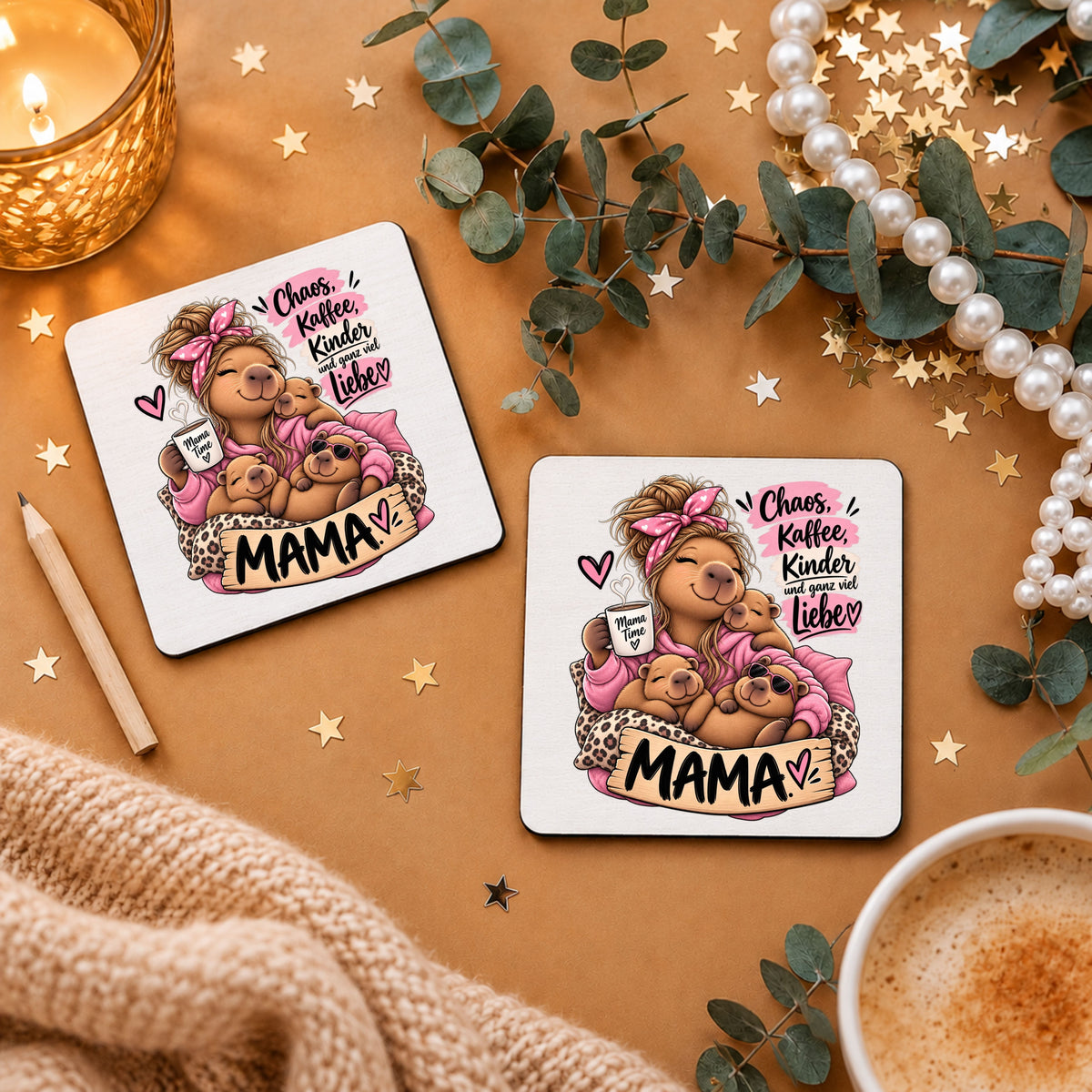 „Chaos, Kaffee, Kinder und ganz viel Liebe“ - Mama-Capybara-Tassenuntersetzer
