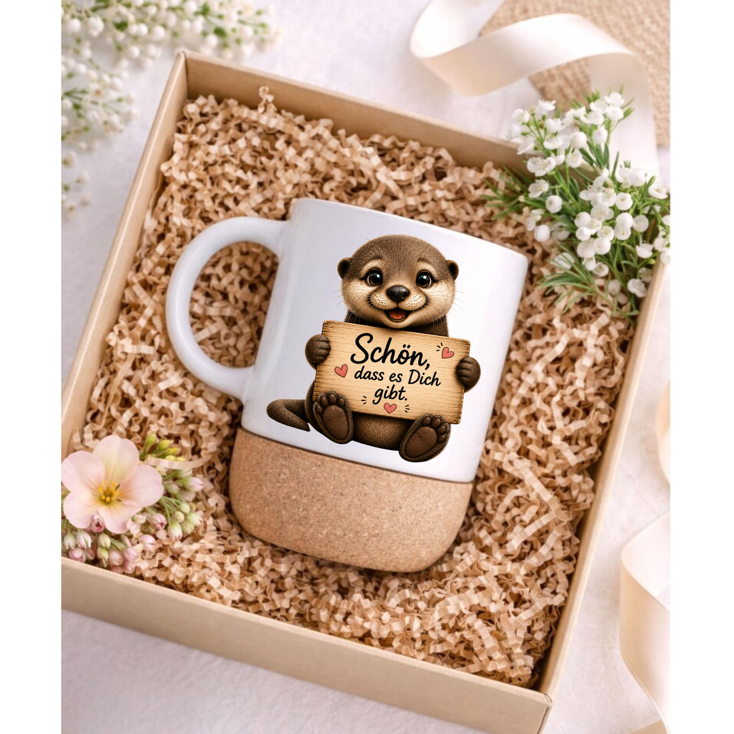 Otter Korktasse „Schön, dass es Dich gibt“ – Süße Geschenkidee für Lieblingsmensch, Freundin, Freund, Keramiktasse mit Korkboden
