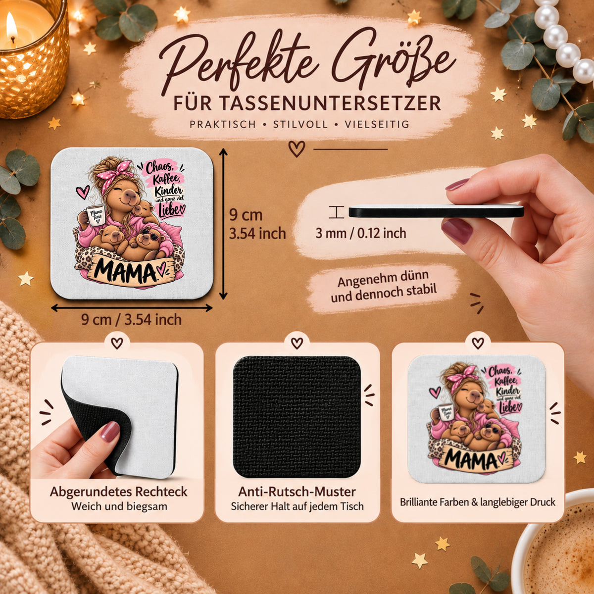 „Chaos, Kaffee, Kinder und ganz viel Liebe“ - Mama-Capybara-Tassenuntersetzer
